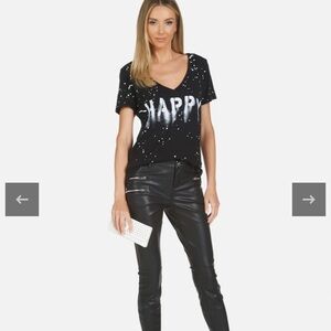 Lauren Moshi CRUZ AIRBRUSH HAPPY Black 'Happy' Graphic T-Shirt S